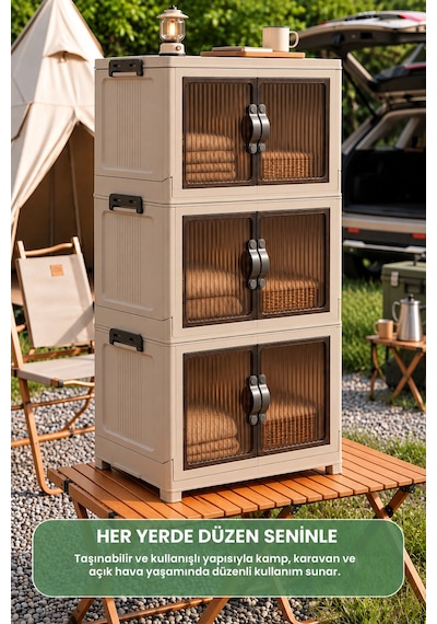 3 Katlı Portatif Organizer Dolap 120 Lt Bej