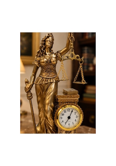 Hukuk Bürosu Masaüstü Lüks Polyester Themis Terazili Adalet Tanrıçası Heykeli Saatli Biblo Gold 25cm Çok Renkli