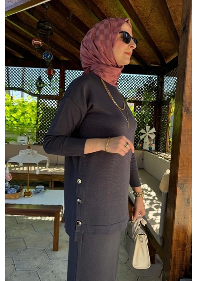 Rabia Şamlı Sezen Triko Takım Antrasit Çok Renkli
