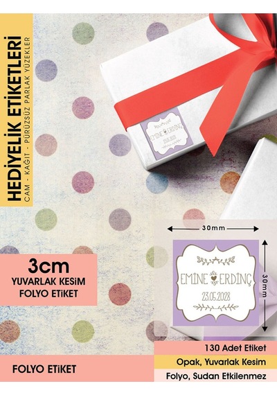 Vintage Etiket Lila Zemin - 3 CM - 130 Adet Folyo Sticker Lila