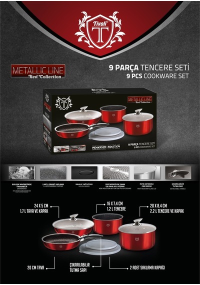 Tivoli Metallic Line İndüksiyon Kırmızı 9 Parça Tencere Takımı