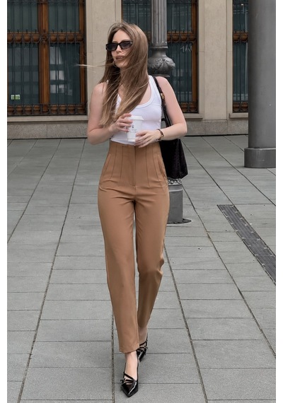 Dokuma Camel Yüksek Bel Kadın Kumaş Pantolon Sh192 S