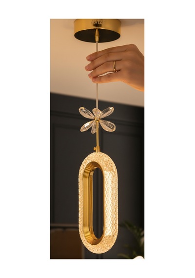 Selin Gold Modern Led Sarkıt Avize Kristal Çiçek Detaylı Oval Tasarım Tekli Altın Altın