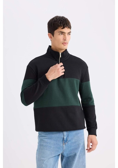 DeFacto Comfort Regular Fit Rahat Kalıp Dik Yaka Fermuarlı Çizgili Kalın Sweatshirt D2401AX24AUBK34
