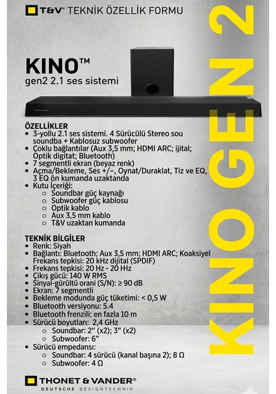 Kino Gen2 140w Rms Soundbar + Subwoofer 2.1 Hoparlör Bluetooth Hdmı Uzaktan Kumanda