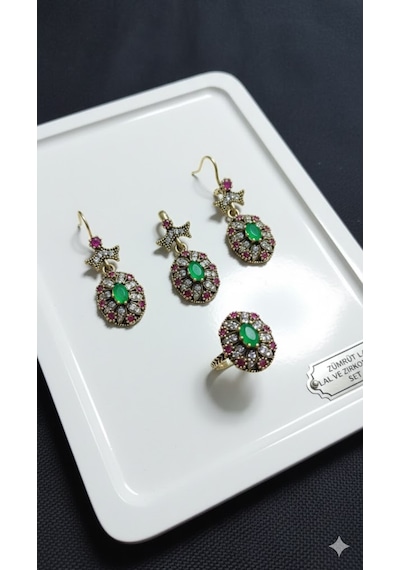 Zümrüt, Lal Ve Zirkon Karışımlı Gümüş 3 Lü Oval Set Bronz