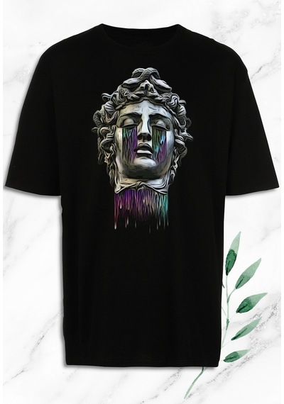 Flood Of Style Unisex Oversize Mitoloji Medusa Heykel Baskılı Siyah Tişört