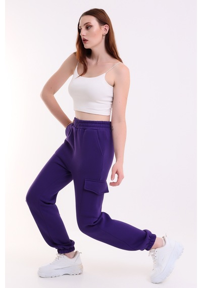 Winmoda34 Kadın Üç İplik İçi Şardonlu Polarlı Eşofman Altı Jogger Rahat Kalıp Mor