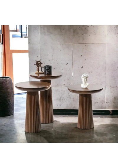 Simillo Wood Ahşap 3 Lü Set Koyu Ceviz Renkli Fitilli Mantar Yan Sehpa Fiskos / Çiçeklik Modern Doğal Ahşap