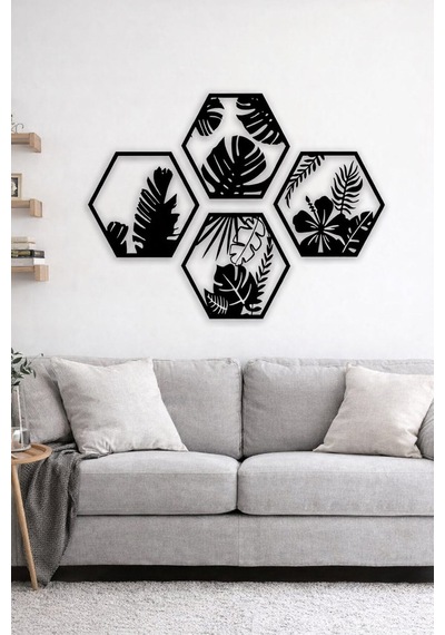 Hexaleaf Tropikal Yaprak Desenli Altıgen Ahşap Duvar Dekoru