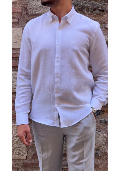 Slim Fit Uzun Kol Müslin Pamuk Rahat Nefes Alabilen Kumaştan Yaka Düğmeli Hediye Kutulu Erkek Gömlek Fs-004202 - Beyaz-2869