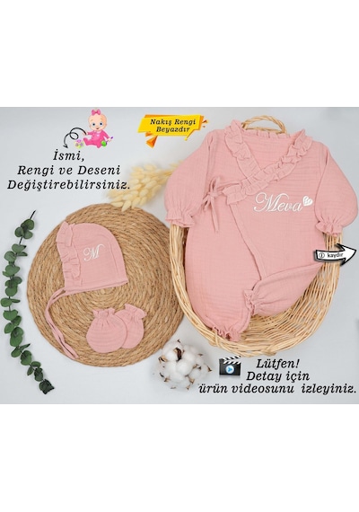 Gros Shop %100 Pamuk Organik 4 Katlı Müslin Kumaş 3'lü Hastane Çıkış Seti Kişiye Özgü İsimli Nakış Desenli Çok Renkli