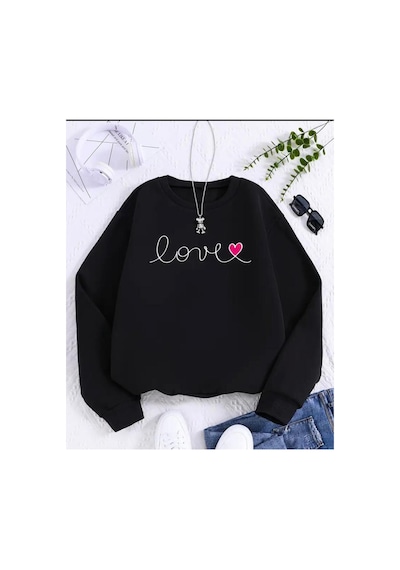 Herkesemoda Love Yazı Detaylı Bisiklet Yaka İçi Polarlı Sweatshirt Siyah