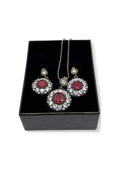 Oya Silver İri Beyaz Zirkon Çevrili Rose Yakut Gümüş Set&takım