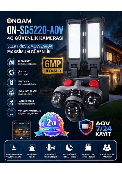 Onqam On-sg5220-aov 4g Solar Güvenlik Kamerası 2 Lens 3mp - 7-24 Kayıt