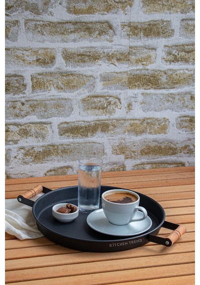 2'li Ahşap Kulplu 45 Cm Siyah Metal Tepsi Ve 30 Cm Siyah Tepsi Çay Kahve Sunum Tepsisi Siyah