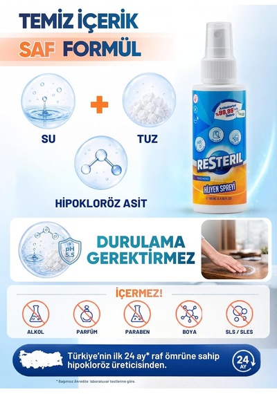 Hipokloröz Hijyen Seti 5x100ml Alkolsüz Doğal Dezenfektan Etkili Antibakteriyel Yüzey Spreyi