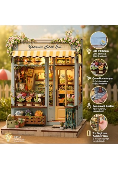 Yasemin Çiçek Evi Book Nook Dıy Kit Ahşap Minyatür Kitap Köşesi Dekoru, Led Işıklı Kendin Yap Hobi Seti