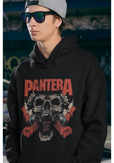 Sevbano Pantera Baskılı Unisex Oversize Mouth For War Rock Metal Hoodie Siyah