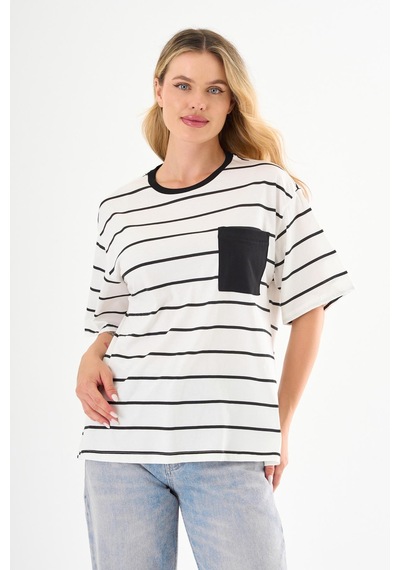 Alexandergardı Cep Detaylı Çizgili T-shirt Beyaz