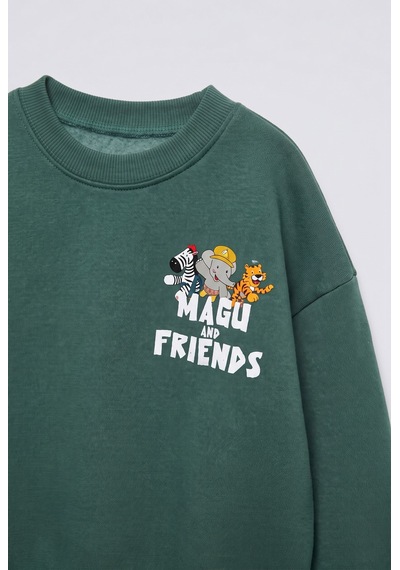 Çocuk Pamuklu Magu Friends Baskılı Yeşil Sweatshirt Ve Eşofman Altı Takımı