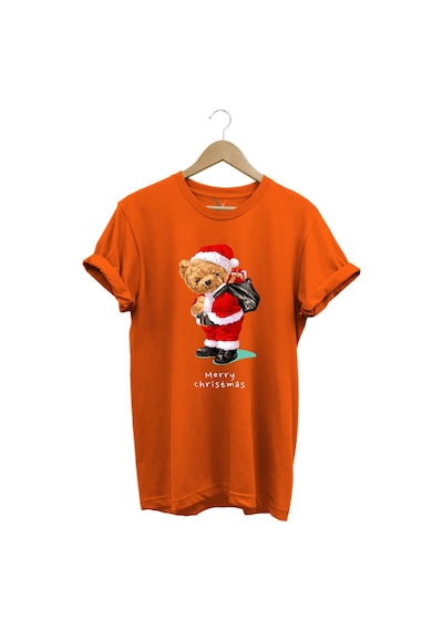 Yılbaşı Yeni Yıl Merry Christmas Sevimli Ayıcık Baskılı %100 Pamuk Regular Fit Turuncu T-shirt Turuncu
