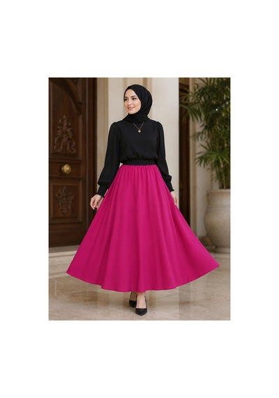 Elmoda Kadın Tam Daire Tesettür Saten Mevlana Etek Pembe Pembe