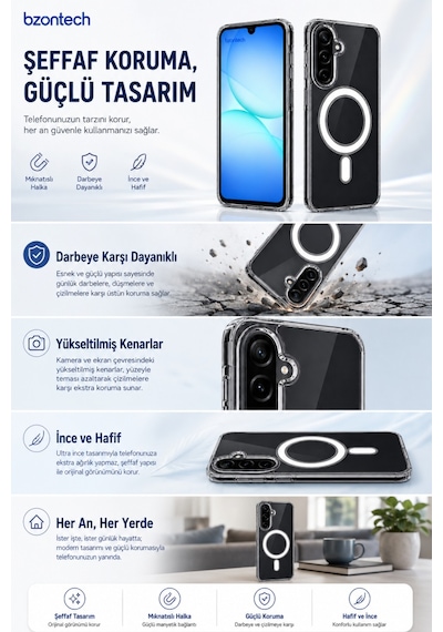 Samsung Galaxy A17 Uyumlu Yumuşak Magsafe Kablosuz Şarj Destekli Şeffaf Kılıf Kamera İçin Yükseltilmiş Çerçeve