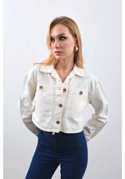 Kadın Ekru Crop Kesim Jean Ceket ekru