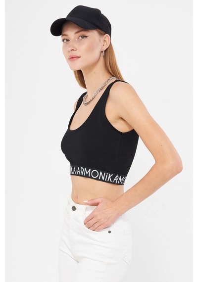 Armonika Kadın Siyah Beli Lastik Detaylı Crop Bluz Arm-24y001104