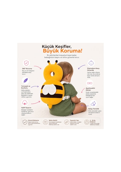 Bebek Baş Koruma Yastığı İlk Adım Düşme Koruyucu Sırt Çantası Ayarlanabilir Askılı Kafa Ve Boyun Koruma Yastığı Arı Figürlü Bebek Baş Koruma Yastığı