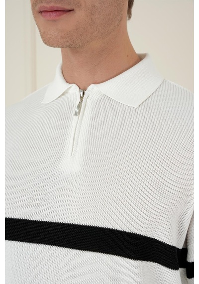 Efor Slim Fit Çizgili Fermuarlı Polo Yaka Ekru Triko Kazak Tr 877 Ekru