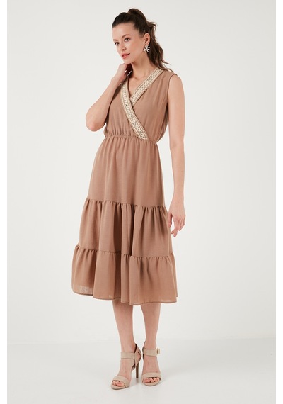 Lela Regular Fit Kruvaze Yaka Midi Bayan Elbise 6118103 Camel