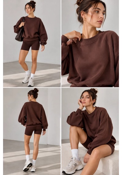 Bbbutikbasic Kadın Şardonlu 3 İplik Kısa Reglan Kol Sweatshirt My3535 Kahverengi