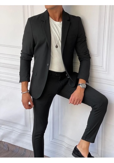 Modefendi Slimfit Kalıp Pamuk Likra Ceket Pantolon Takım Elbise Siyah