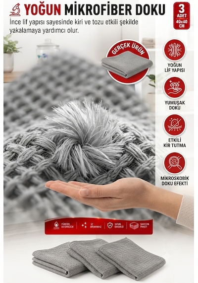 3'lü Mikrofiber Mutfak Temizlik Bezi 40x40 Cm Süper Emici İz Bırakmayan Çok Amaçlı Gri Bez Seti