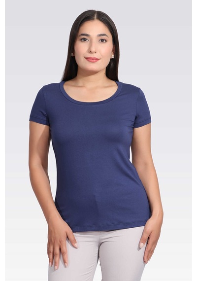Tolga Saraçoğlu Minimalist Yuvarlak Yaka Kısa Kol Kadın T-shirt - Günlük Kullanım İndigo