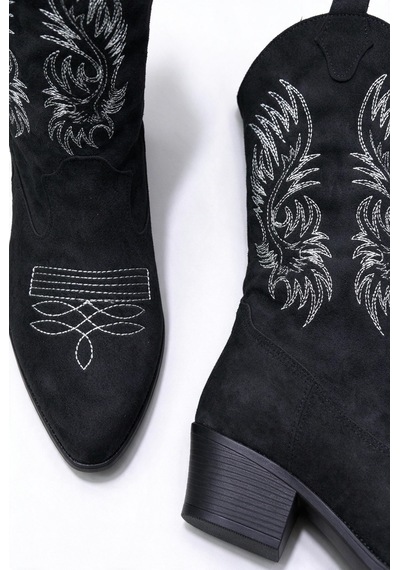 V.s.h Velvet Sara Kadın Western Basklılı Siyah Kovboy Çizme -2554