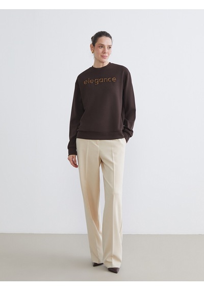 Lcw Everyday Kahverengi Bisiklet Yaka Taşlı Kadın Sweatshirt