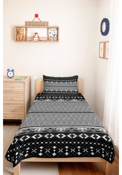 Siyah Geometrik Genç Odası Tek Kişilik Pike Takımı - Bohem Beyaz 160x220 Cm Kapitone Yatak Örtüsü Kırsal Saten Nefesi