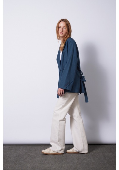 Keten Karışımlı Kuşaklı Blazer Ceket Indıgo