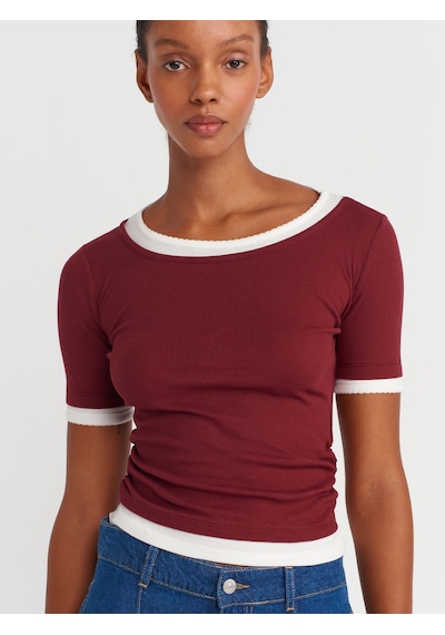 Dilvin 31942 Çift Katlı Büzgülü T-shirt-açık Bordo Açık Bordo