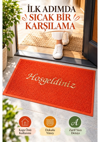 Kırmızı 40x60 Cm Hoşgeldiniz Yazılı Kapı Önü Paspası Kıvırcık Dokulu Altın Yazılı Dekoratif Ev Paspası