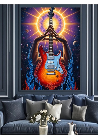 Ahşap Tablo Gitar Ve Parlayan Işıklar İnsan Figürlü Tablolar