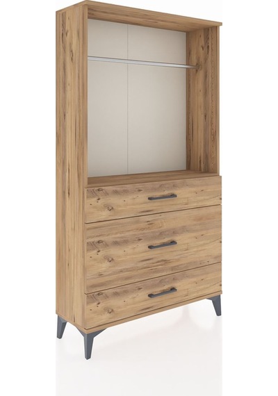 Arges Dolap Tek Raflı 3 Çekmeceli Tek Askılı 88x30x163 Çam-çam Çam