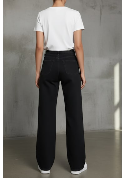 Woddi Heaven Kadın Yüksek Bel Siyah Salaş Wide Leg Jeans Geniş Paça Palazzo Kot Pantolon
