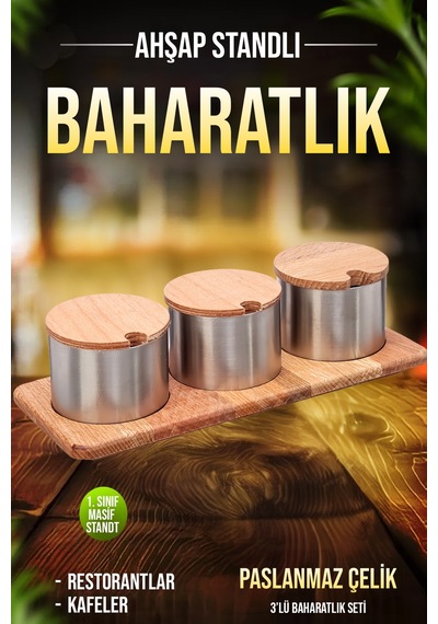 3'lü Paslanmaz Çelik Baharatlık Şekerlik Ahşap Stantlı Kafe Restorant Baharatlık Diğer