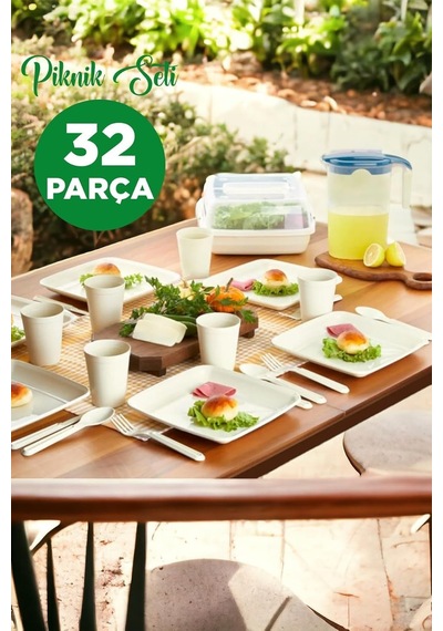 32 Parça Kare Piknik Seti Tabak Çatal Kaşık Bıçak Bardak Krem Belirtilmemiş