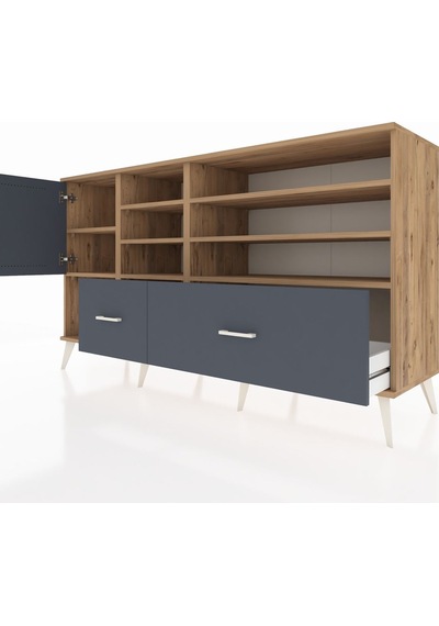 Kronos Konsol 8 Raflı 2 Çekmeceli Tek Kapaklı 176x59x99 Çam-antr Çam-antrasit
