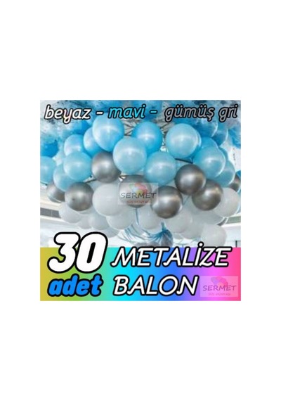 30 Adet Metalik Balon Mavi+beyaz+gri Helyum Uyumlu Parlak Balon Metalize Balon Mavi